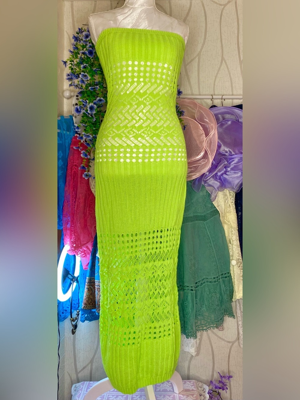🌷 Neon Lime Soft Crochet Knit Tube Dress 🌷